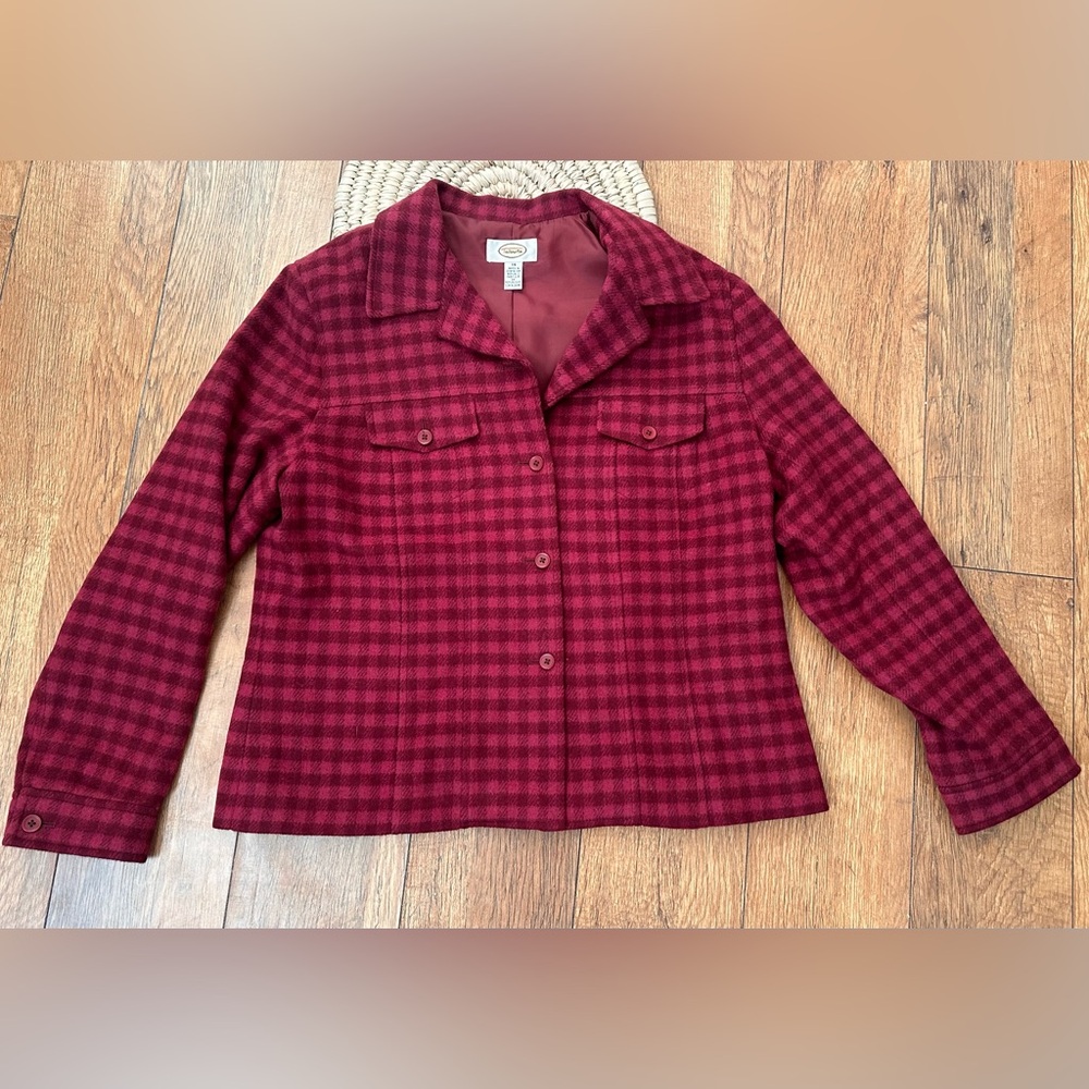 Talbots Burgundy Wool Blend Plaid Button-Up Jacket with lapel pockets